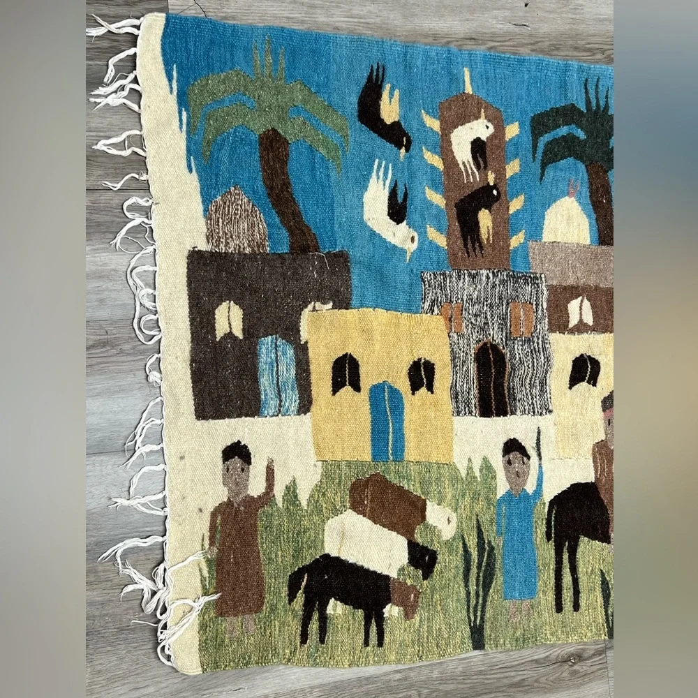Egyptian Hand Woven Tapestry- 5 FT Wall Hanging-Folk Art Egypt-Wool Kilim Rug